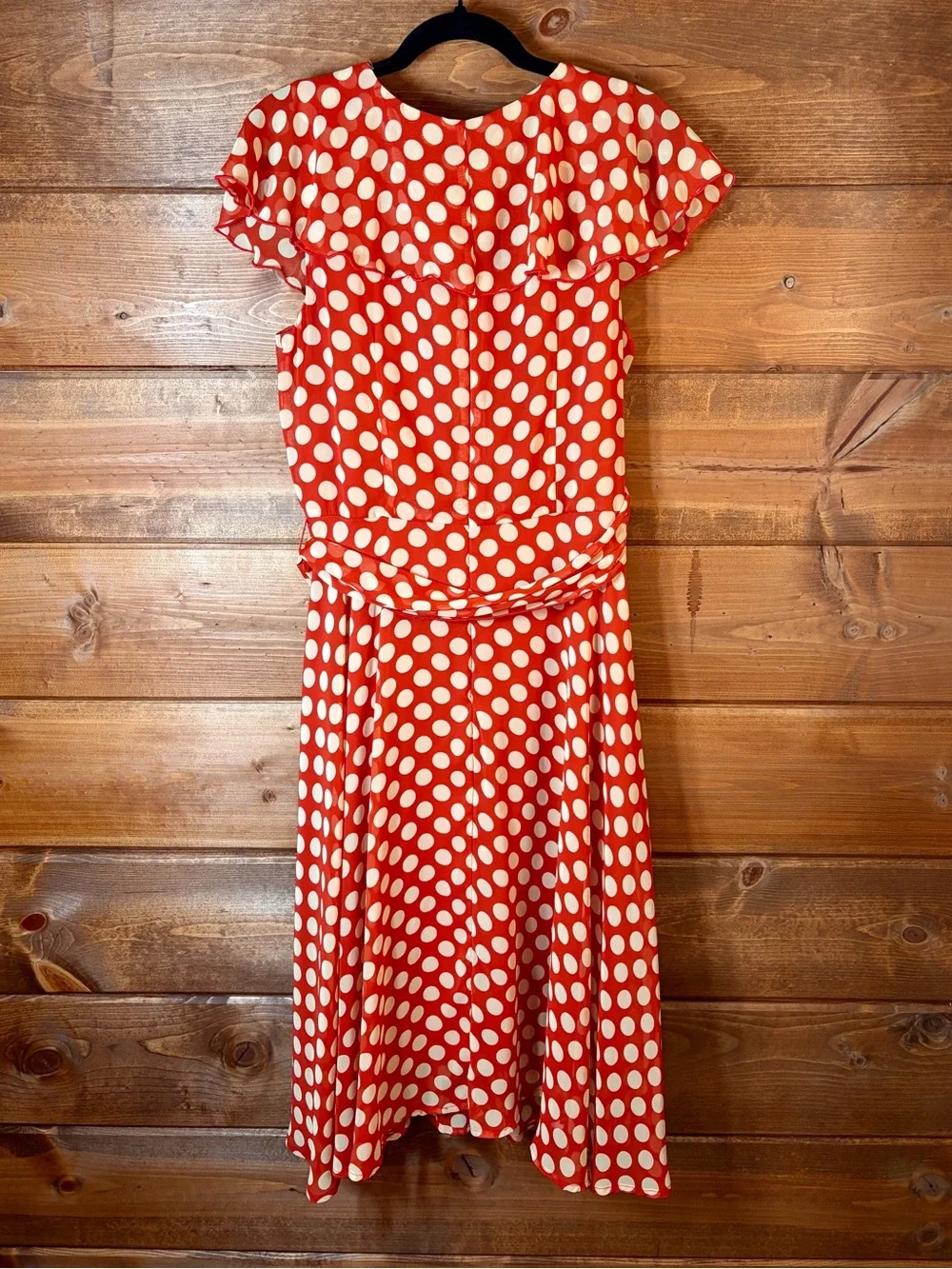 Connected Apparel Rust Orange Polka Dot Faux Wrap Midi Dress Tie Waist Size 8 🧡